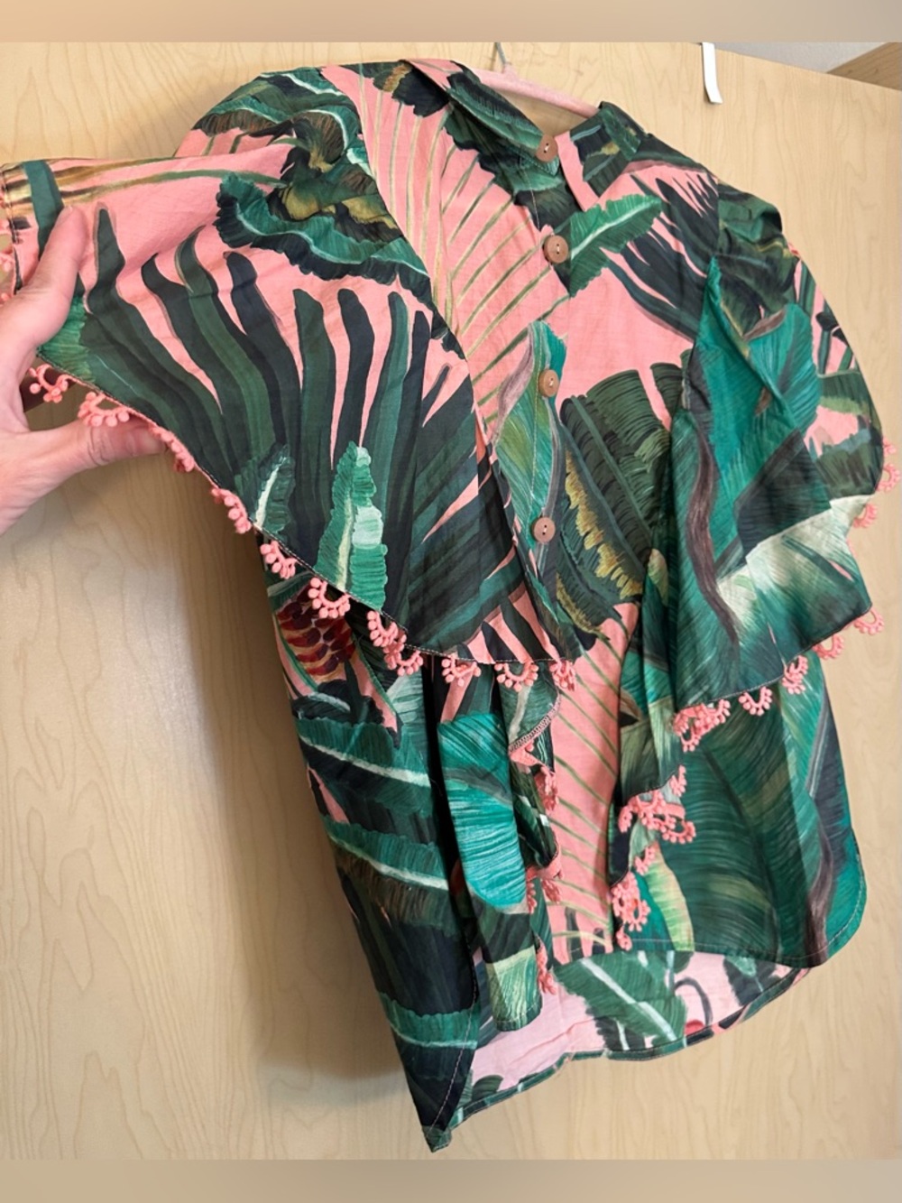 FARM Rio Pink and Green Tropical Leaf Ruffle Blouse - Picture 3 of 10